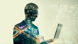 Multiple Exposure of businessman using laptop Stock Footage