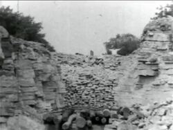 B/W 1934 man giving signal at site of WPA sewage construction project / documentary Stock Footage