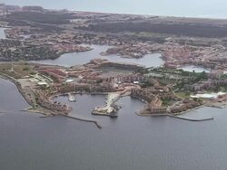 WS AERIAL View of Holiday complex behind Port Barcares (for red roofs) / Languedoc Roussillon, France Stock Footage
