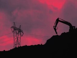 Construction machinery near electricity pylon Stock Footage