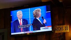 Debate viewers in Indiana react while watching on TV as Donald Trump and Hillary Clinton debate for the second time in St. Louis Stock Footage