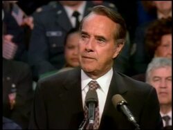 1996 close up Senator Bob Dole during Presidential debate / audience in background / music AUDIO Stock Footage