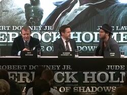 INTERVIEW Jude Law and Robert Downey Jr on how similar they are to their characters at the Sherlock Holmes Game of Shadows press conference at One Mayfair on 12th December 2011 in London, UK Stock Footage