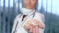 Female doctor giving pills Stock Footage