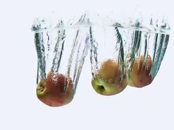 CU SLO MO Shot of Pink Lady Apples, malus domestica, Fruits entering Water against White Background / Calvados, Normandy, France Stock Footage