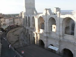 Aerial W/S, Atmospheric Colosseum of Arles Stock Footage