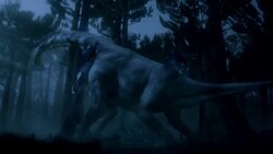 A CGI animation depicts a Deinonychus attacking another dinosaur. Stock Footage