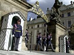 MS Guards marching from in prague castle entrance / Prague, Hlavni mesto Praha, Czech Republic Stock Footage