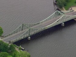 MS AERIAL ZO Shot of cars crossing Glienicke bridge on Havel river at Potsdam / Germany Stock Footage