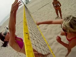 WS POV SLO MO Women playing beach volleyball / Redondo Beach, California, United States Stock Footage