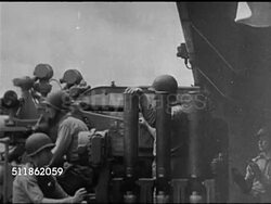 1942: UNITED STATES NAVY: Officers using binoculars on deck. Gun Crew w/ ship's cannons. Gun rotating on ship. HA XWS Warship firing weapons. (grainy) HA WS Carrier deck w/ lone aircraft, carrier turning. HA XWS Warship firing weapons. Instructional Video