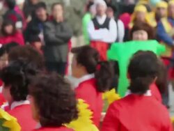 MS TS Villagers performing yangko dance in traditional festive folk celebration or carnival during chinese spring festival  AUDIO  / xi'an, shaanxi, china Stock Footage