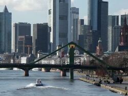 WS View of city skyline and bridge on Main River/ Frankfurt on the Main, Hesse, Germany Stock Footage