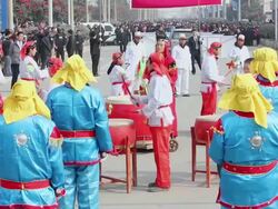 MS Villagers performing gongs and drums in traditional festive folk celebration or carnival during chinese spring festival  AUDIO  / xi'an, shaanxi, china Stock Footage