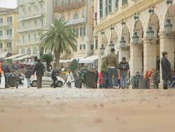 MS Broken clay jugs laying at town square Esplanade on easter celebration AUDIO / Kerkyra, Corfu, Greece Stock Footage
