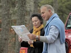 Mature couple by vehicle looking at map Stock Footage