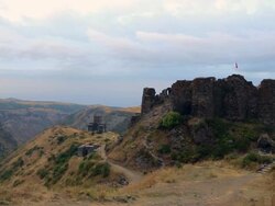 Amberd castle, view of the castle and Vahramashen church in the buckground Stock Footage