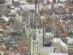 MS AERIAL PAN ZI View of St Niklaas Kerk and Gent St Baafskerk in city / Flanders, Belgium Stock Footage