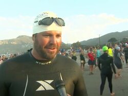 INTERVIEW - David Denman on doing the triathlon with his fiance at Nautica Malibu Triathlon Presented by Equinox on 9/8/13 in Malibu, CA. Stock Footage