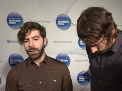 INTERVIEW - Foals (Yannis Philippakis and Jimmy Smith) on being at the awards, what it means to them, if they won against David Bowie at Mercury Music Prize at The Roundhouse on October 30, 2013 in London, England. Stock Footage