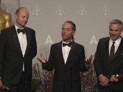 INTERVIEW - Emmanuel Lubezki, Alfonso CuarÃ³n, and Mark Sanger - 86th Annual Academy Awards - Press Room Stock Footage