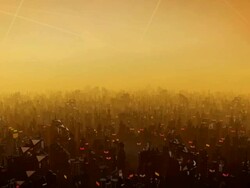 Flying over futuristic city in dusk Stock Footage