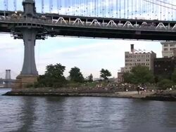 Manhattan Bridge, with park-goers  Stock Footage
