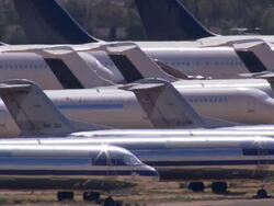 Aerial LA CU TS at aeroplane graveyard / Mojave Desert, California, United States.   Stock Footage