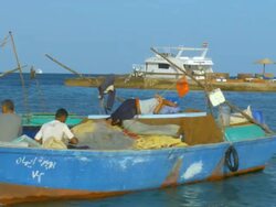 WS PAN Fishermen sitting and sleeping in boat at red sea bay / Hurghada, Red Sea coast, Egypt Stock Footage