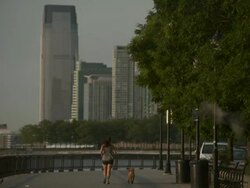 A women is jogging with her dog on the waterfront in Hoboken NJ Stock Footage
