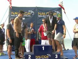 ATMOSPHERE - Award ceremony at Nautica Malibu Triathlon Presented by Equinox on 9/8/13 in Malibu, CA. Stock Footage