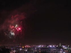 WS T/L View of verious fireworks exploding in night time sky / Los Angeles, California, United States Stock Footage