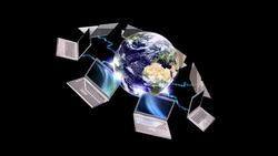 Connections fire between laptops surrounding a globe. Stock Footage