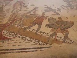 Piazza Armerina (villa Romana del Casale), ambulatory of the great hunt, sailing and hunting scenes Stock Footage