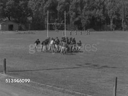 1952: COLLEGE FOOTBALL TRAINING: HA WS Large group of players (unidentifiable team) in huddle w/ two coaches on football field, players breaking huddle & running off, coaches walking on field. Athletics, American football Instructional Video