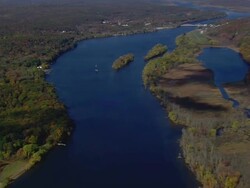 WS AERIAL ZI Two boats moving on river near Gillette Castle State Park / Connecticut, United States Stock Footage