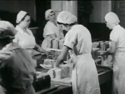 B/W 1934 women in caps wrapping sandwiches in school lunch kitchen in WPA project / documentary Stock Footage