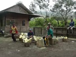 MS Miners resting at the weighting cabin / Ijen, Java, Indonesia Stock Footage