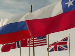 MS flags of Antarctic treaty states, Chile, Russia, Norway, US, Britain / South Pole, Antarctica Stock Footage