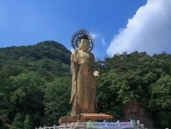 Shot of Geumdongmireukdaebul(Bronze Buddha Statue, Silla) in Beopjusa(temple) Stock Footage