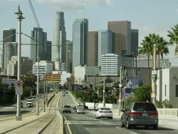 Static shot of city street looking toward skyscrapers in Los Angeles. Stock Footage