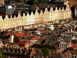 AERIAL market square and cityscape/ Arras, France Stock Footage