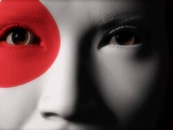 Beautiful girl Japanese flag face painted Stock Footage