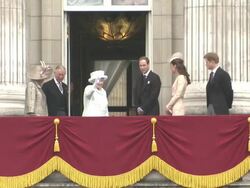Queen Elizabeth II, Camilla, Duchess of Cornwall, Prince Charles, Prince of Wales, Catherine, Duchess of Cambridge,  Prince William, Duke of Cambridge and Prince Harry at Diamond Jubilee - Carriage Procession And Balcony Appearance Queen Elizabeth II, Cami Stock Footage
