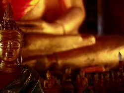 MS PAN Shot of golden Buddhist statues / Luang Prabang, Laos Stock Footage