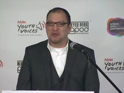 SPEECH: Miguel Salinas, Senior Manager, Adobe Youth Voice at the Black Eyed Peas at the Peapod Adobe Youth Voices Academy Launch Stock Footage