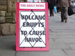 Newspaper headline Board - Volcano eruption Stock Footage