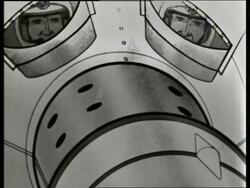 B/W 1965 animated Soviet cosmonauts in space capsule / SOUND Stock Footage