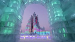 Spectacular illuminated ice sculptures at the Harbin Ice and Snow Festival in Heilongjiang Province, Harbin,  China Stock Footage