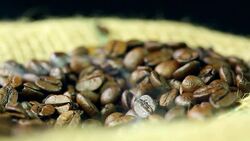 Coffee beans on burlap background Stock Footage